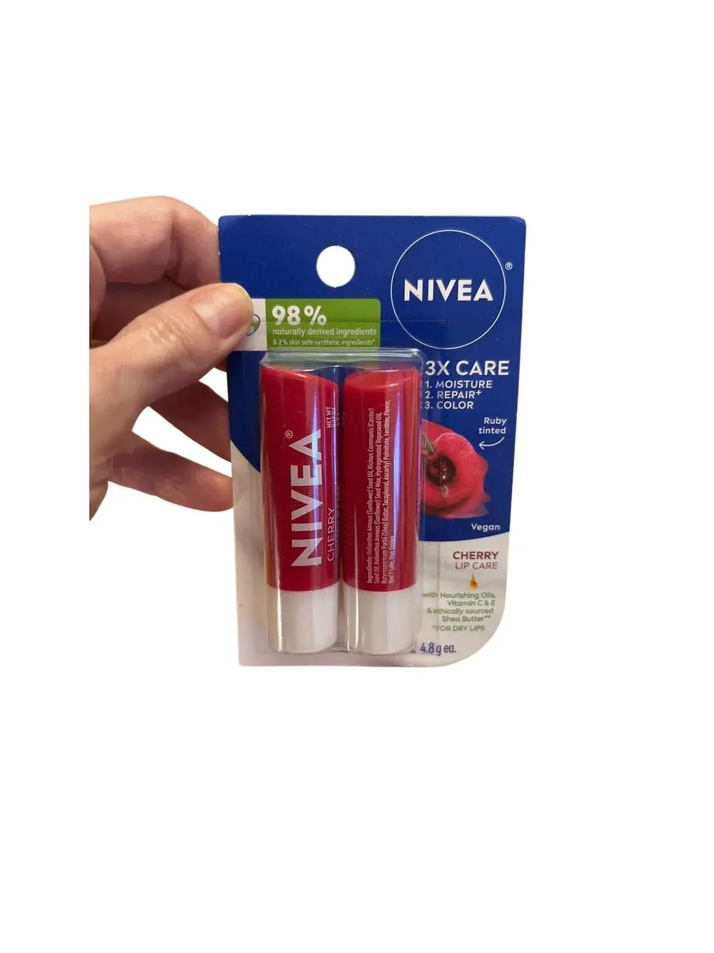 New 2pk Nivea Cherry Lip Care Tinted Lip Balm Ruby Tinted 98% Natural Ingredient